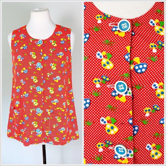American Vintage Tops - Vintage 60s / 70s Mushroom Novelty Print Tunic Blouse Top Smock // Size Medium